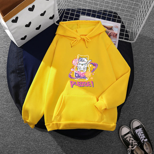 Damen nan oversized Kapuzenpullover im Streetstyle mit weichem Fleece-Innenfutter, Kängurutasche und farbenfrohem Cartoon-Katzen-Planet-Print Shop Nory