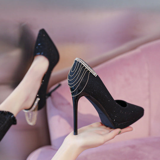 Damen nan elegante Abend-Pumps mit feinem Glitzermesh, spitzer Zehenpartie, filigranem Stilettoabsatz und dekorativer Fersenapplikation