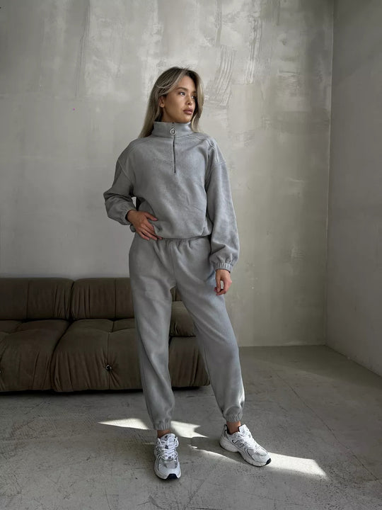 Damen lässiges Fleece-Jogginganzug Set mit Stehkragen und halbhohem Reißverschluss Shop Nory