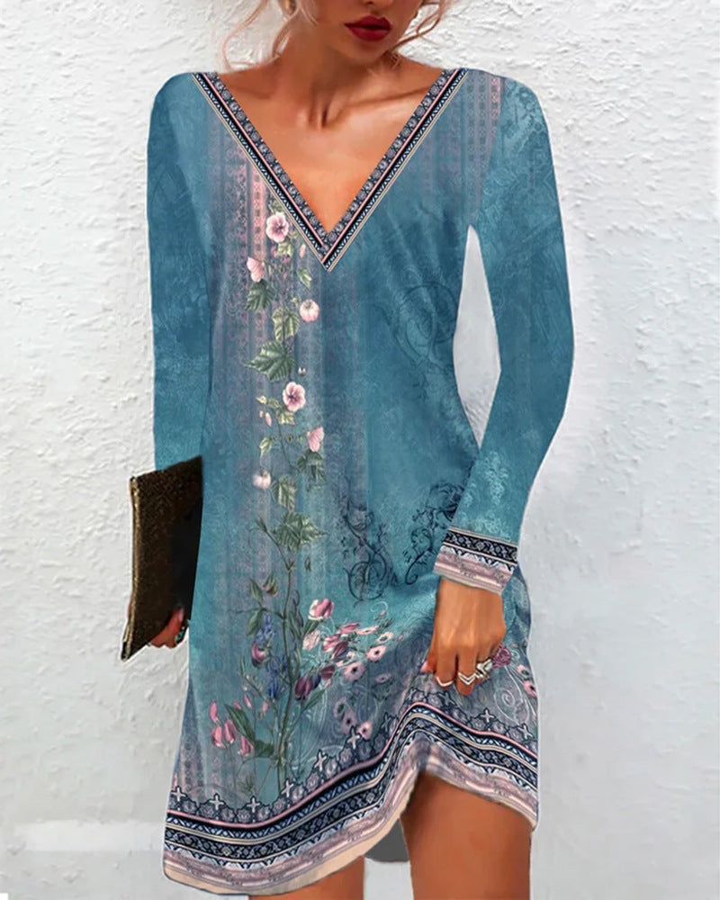 Frauen Floral V-Ausschnitt Tunika Kleid mit Border Print und langen Ärmeln Shop Nory