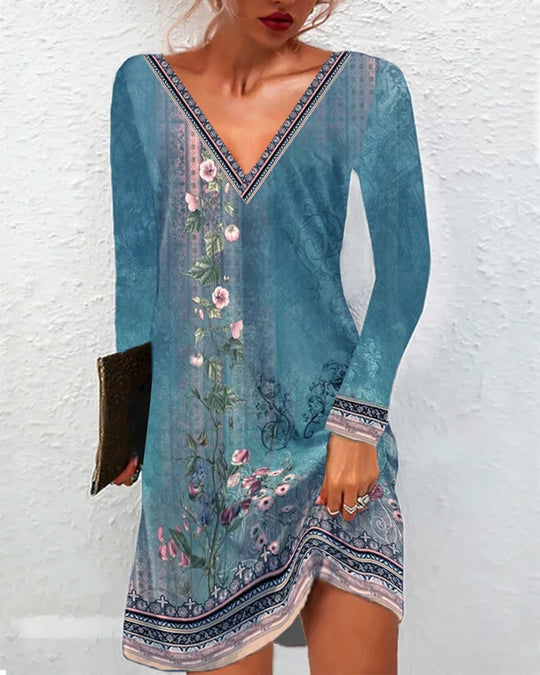 Frauen Floral V-Ausschnitt Tunika Kleid mit Border Print und langen Ärmeln Shop Nory