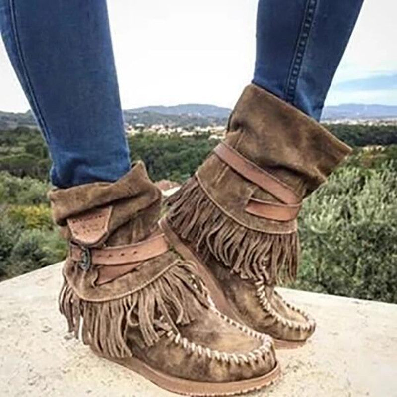 Damen Mokassin-Stiefel mit fransigen Details und modischer Schnalle
