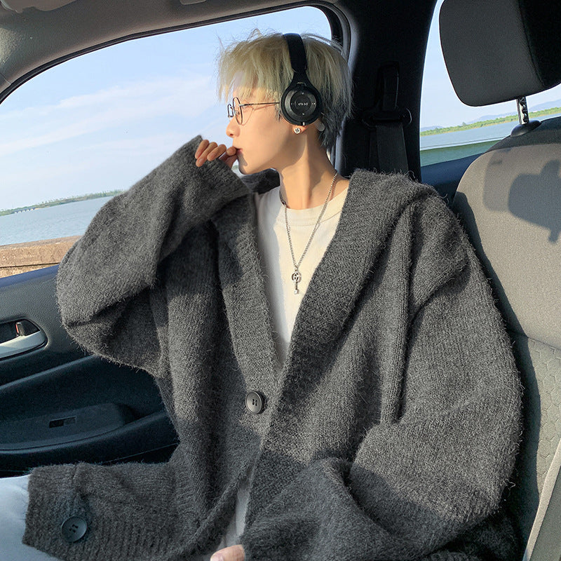 Unisex Oversized Mohair-Optik Strickcardigan mit Kapuze und großen Knöpfen Shop Nory
