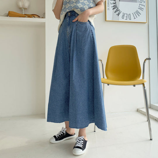 Damen Langer Jeans-Culotte-Rock mit hoher Taille, kastiger A-Linien-Silhouette und Eingrifftaschen Shop Nory