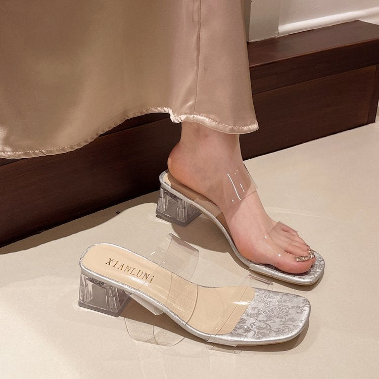 Damen transparente Mules mit blockiertem Acrylabsatz