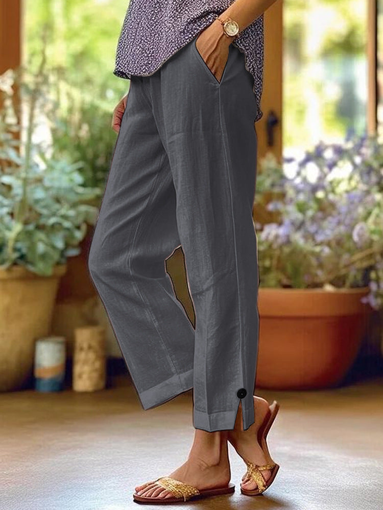 Damen Leinenhose mit lockerer, knöchellanger Passform, seitlichen Eingrifftaschen und Zierknopf-Details Shop Nory