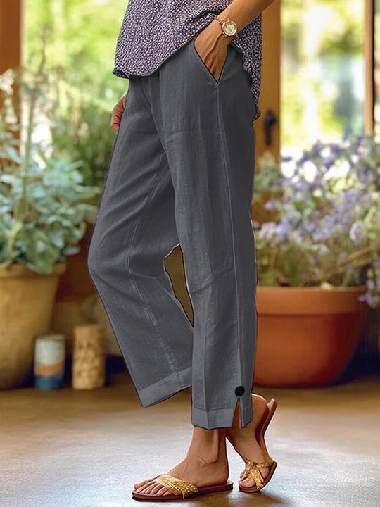 Damen Leinenhose mit lockerer, knöchellanger Passform, seitlichen Eingrifftaschen und Zierknopf-Details Shop Nory