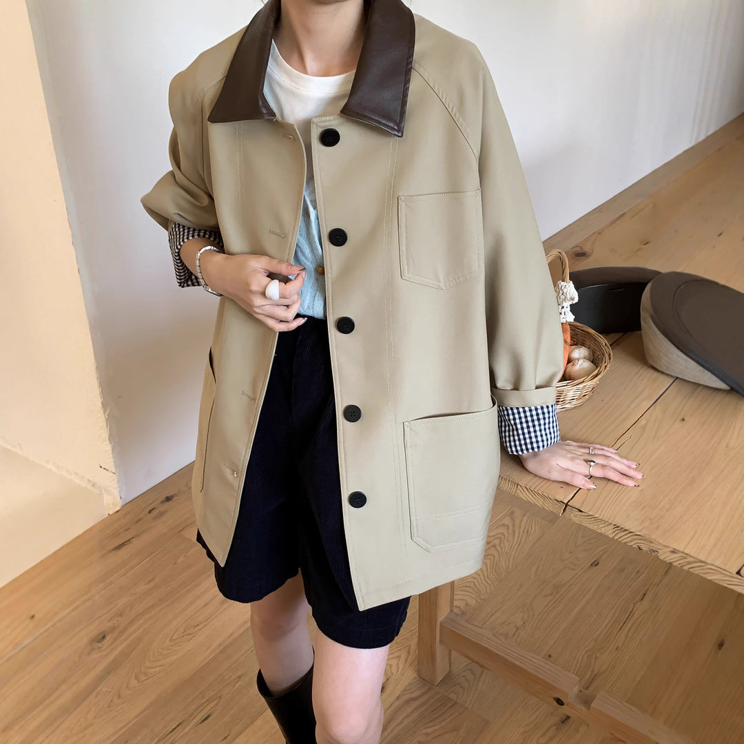 Damen Leichte Oversize-Übergangsjacke mit Kontrastkragen und kariertem Ärmelsaum Shop Nory