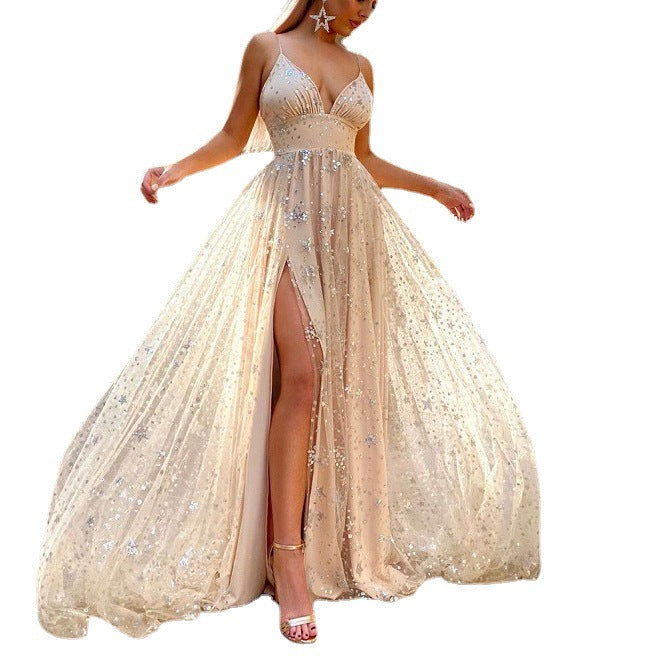 Damen Funkelndes Chiffon Abendkleid mit tiefem Schlitz und transparentem Rock