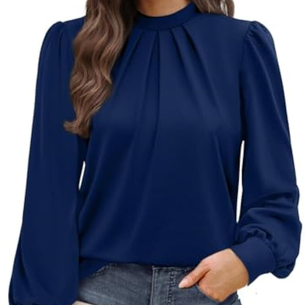 Damen Langärmelige Satinbluse mit Stehkragen, Brustfalten und gerippten Bündchen Shop Nory