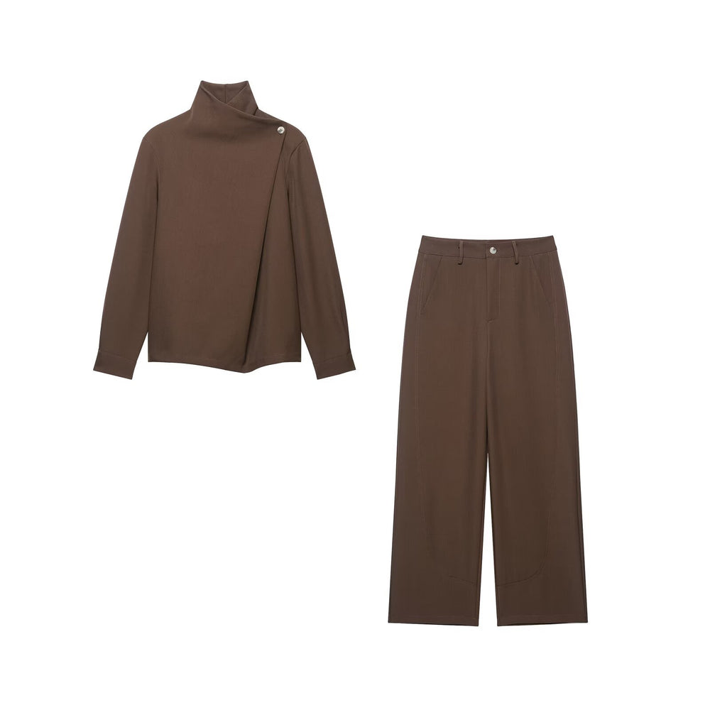 Damen Zweiteiliges Ensemble mit asymmetrischem Rollkragenoberteil und weiter Hochbundhose Shop Nory