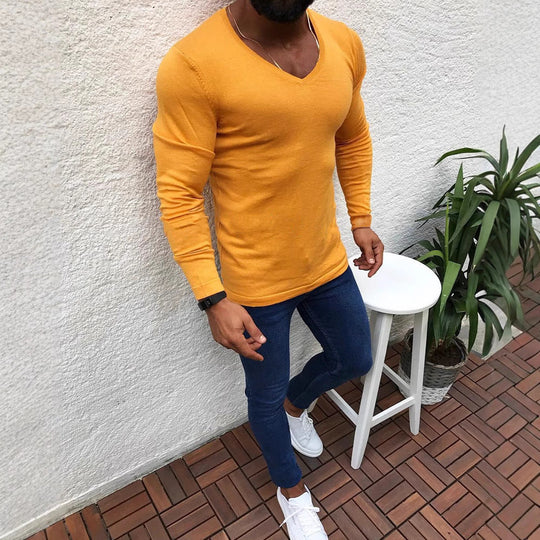 Herren figurbetontes Longsleeve aus Baumwolle mit V-Ausschnitt
