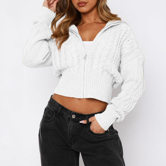 Damen nan kurz geschnittener Zopfstrick-Cardigan mit durchgehendem Reißverschluss, Stehkragen und Ballonärmeln Shop Nory