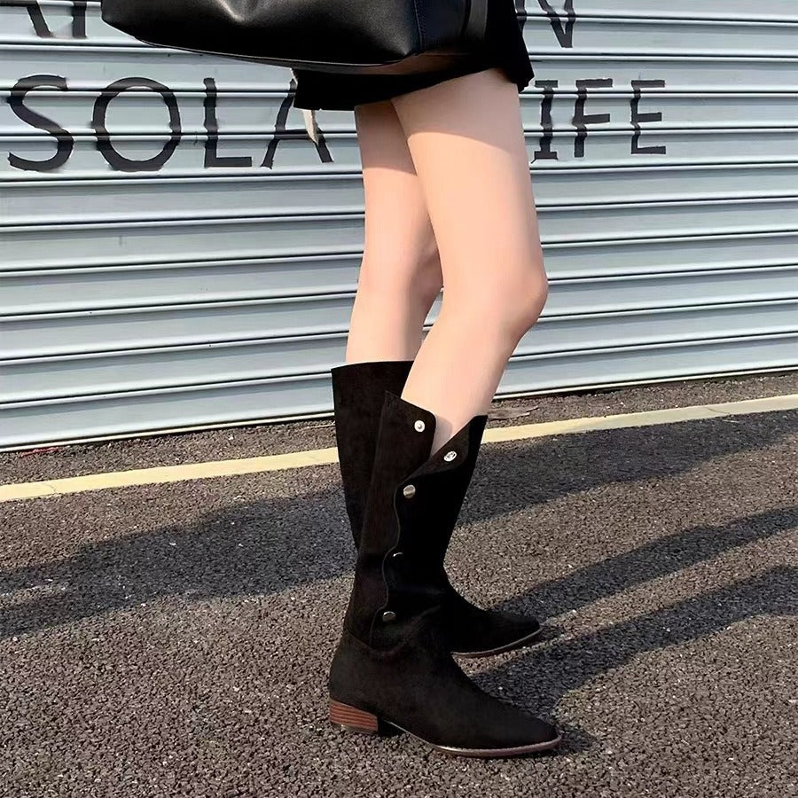 Damen Wadenhohe Velourslederstiefel mit umklappbarer Manschette und spitzer Kappe Shop Nory