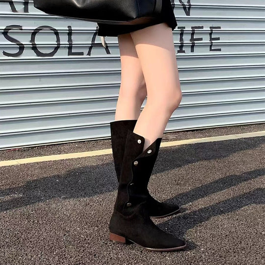 Damen Wadenhohe Velourslederstiefel mit umklappbarer Manschette und spitzer Kappe Shop Nory