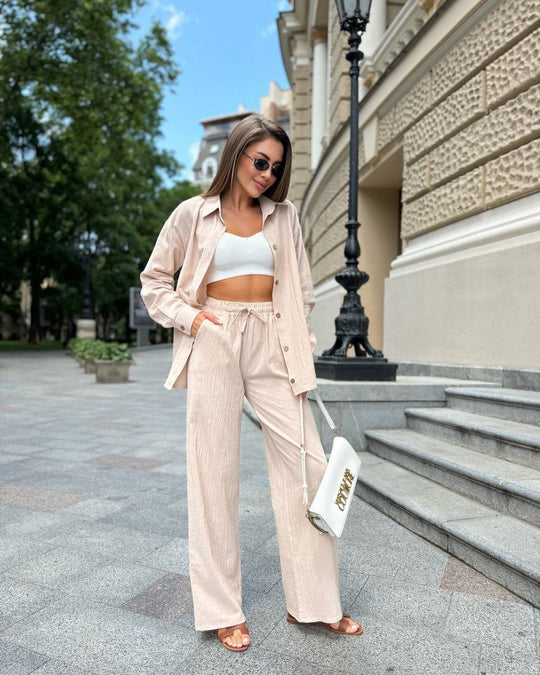 Damen elegantes und trendiges Zweiteiliges Set aus Hemd und weitem Hosen