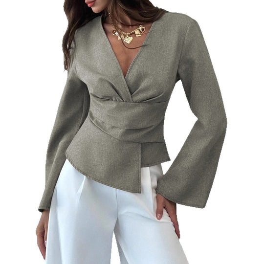 Damen Wickelbluse mit taillierter Drapierung und ausgestellten Ärmeln Shop Nory