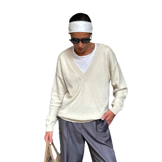 Damen Oversize V-Ausschnitt Pullover aus Kaschmir-Mix mit geripptem Saum Shop Nory