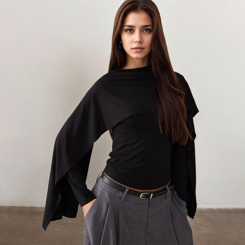 Damen asymmetrisches Cape-Longsleeve mit hohem Kragen und fließendem Overlay Shop Nory
