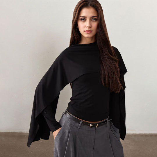 Damen asymmetrisches Cape-Longsleeve mit hohem Kragen und fließendem Overlay Shop Nory