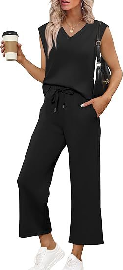 Damen Lässiges Zweiteiliges Lounge-Set mit Ärmellosem V-Neck-Top und Weiten Kordelbund-Hosen Shop Nory