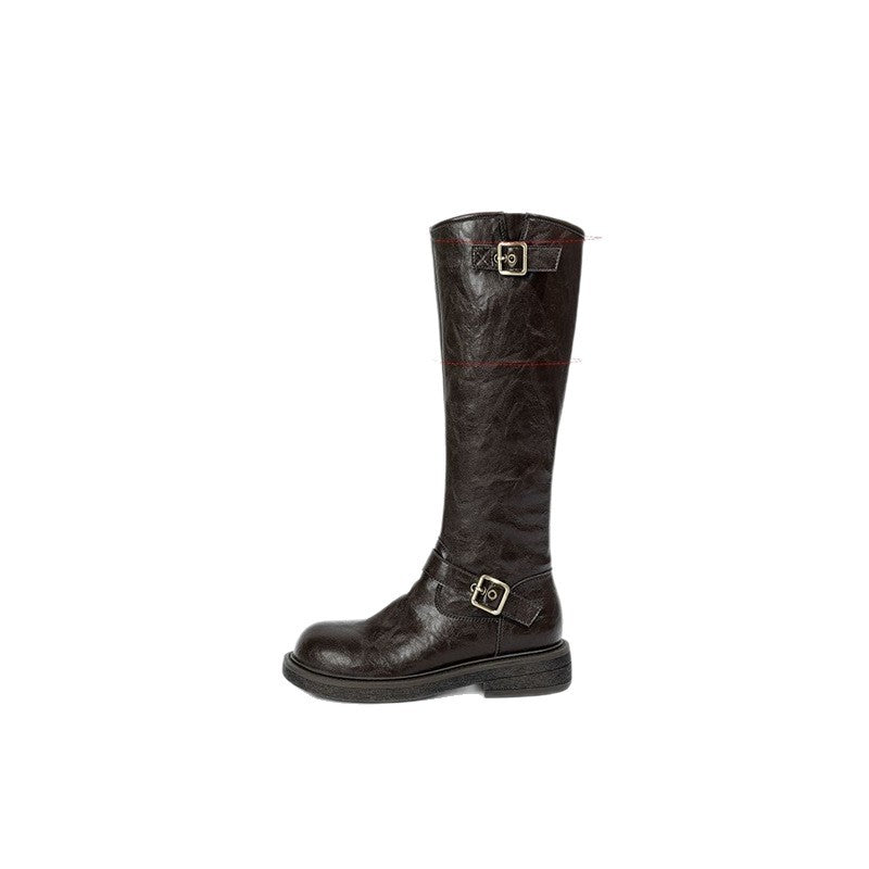 Damen Kniehohe Lederoptik-Stiefel mit verstellbaren Zierschnallen Shop Nory