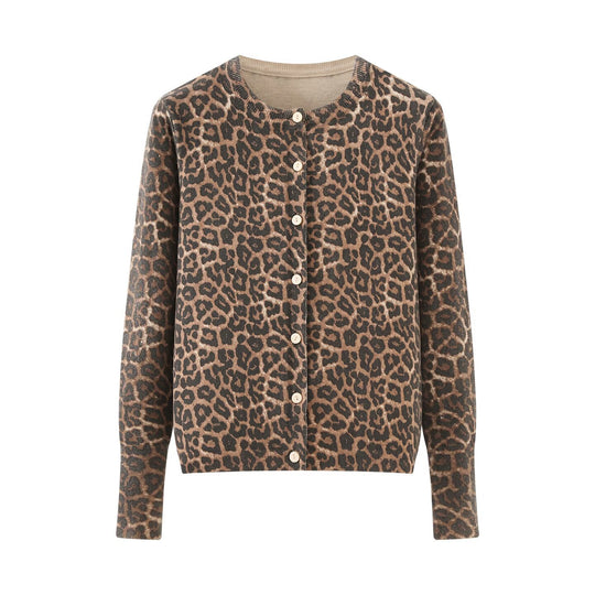 Damen Feinstrick-Cardigan mit Leoprint, Rundhals und durchgehender Knopfleiste Shop Nory