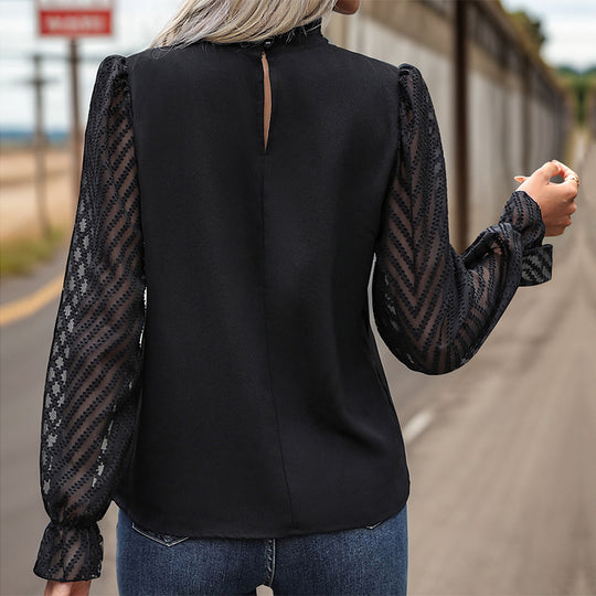 Damen Chiffonbluse mit Stehkragen, transparenten Ballonärmeln und asymmetrischer Knopfleiste Shop Nory