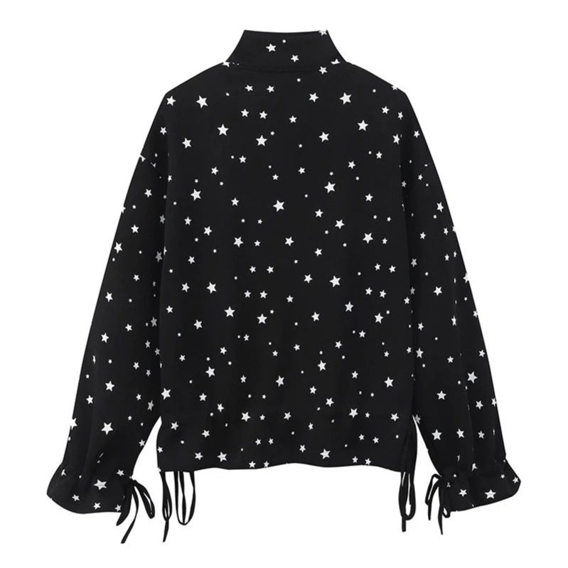 Damen leichte Stehkragen-Sweatjacke mit Sternen-Allover, Applikationen und Kordelzug Shop Nory