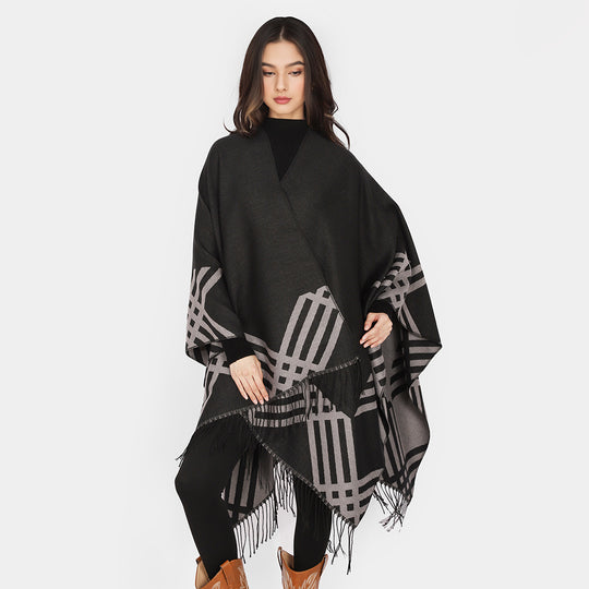 Damen Oversize-Kimono-Poncho aus Wollmix mit grafischem Raster-Jacquard und Fransensaum Shop Nory