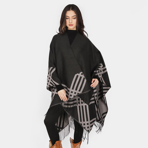 Damen Wollmix-Ruana im Rechteckschnitt mit grafischem Streifen-Jacquard und Fransen Shop Nory