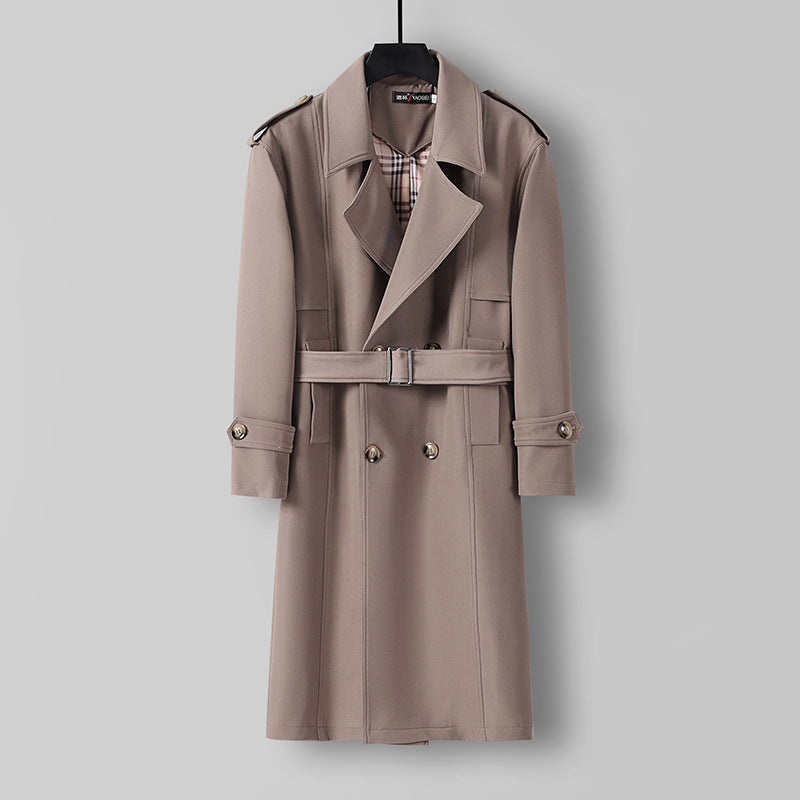 Herren Midilanger Doppelreihiger Trenchcoat mit Taillengürtel, abgefalcetem Revers und kariertem Innenfutter Shop Nory