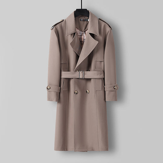 Herren Midilanger Doppelreihiger Trenchcoat mit Taillengürtel, abgefalcetem Revers und kariertem Innenfutter Shop Nory