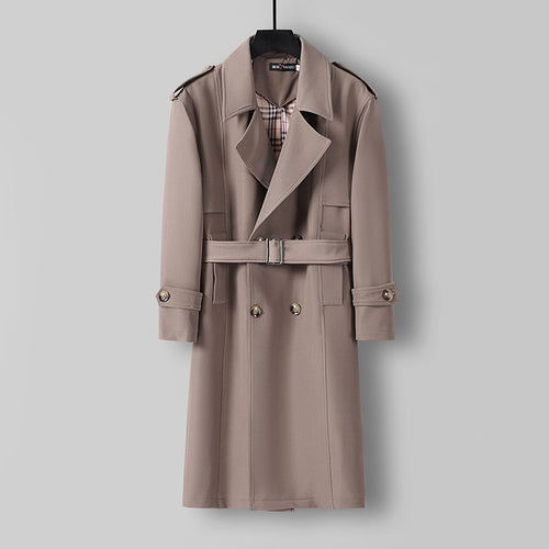 Herren Midilanger Doppelreihiger Trenchcoat mit Taillengürtel, abgefalcetem Revers und kariertem Innenfutter Shop Nory
