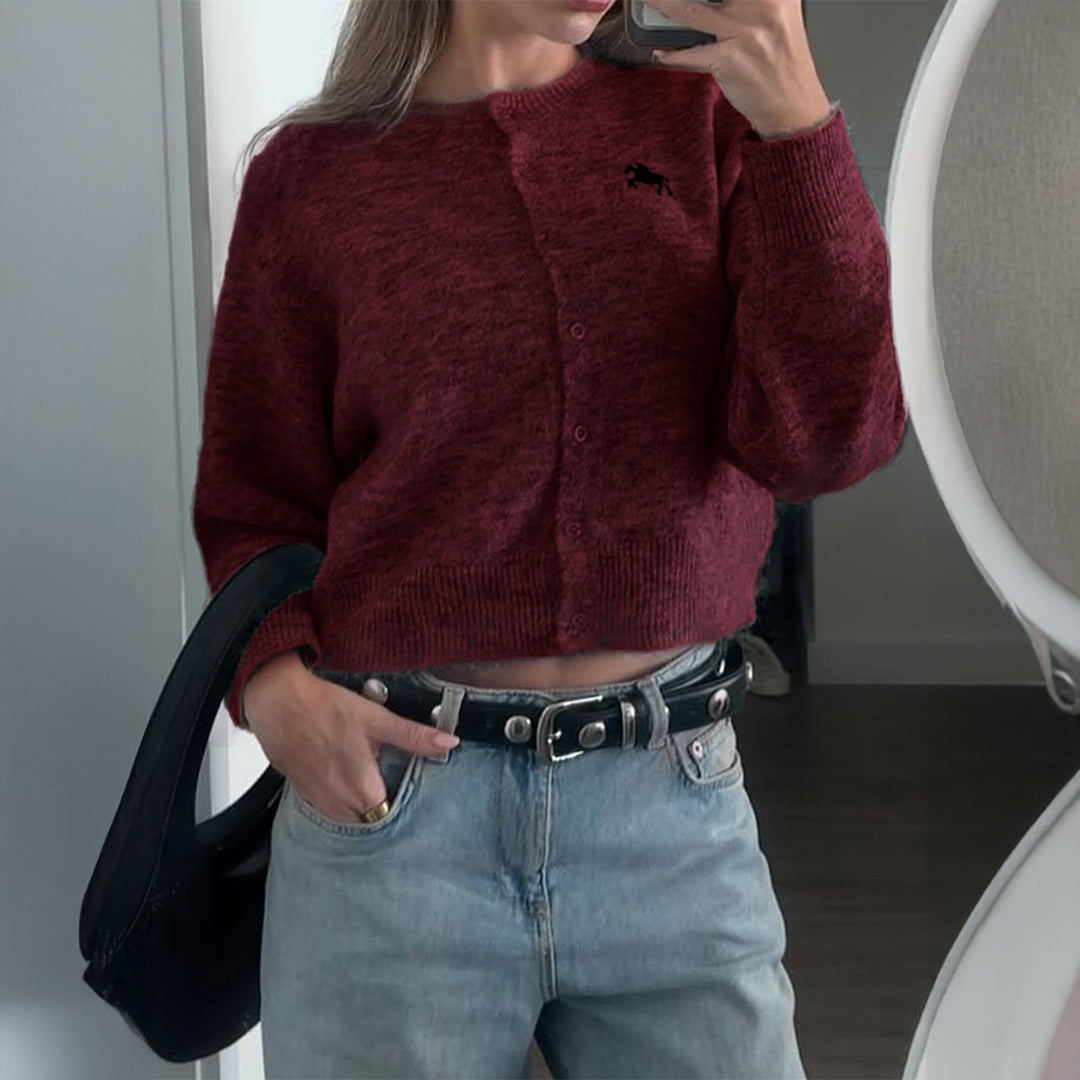 Damen nan kurzes Feinstrick-Cardigan mit Rundhalsausschnitt, durchgehender Knopfleiste und gesticktem Pferde-Logo Shop Nory