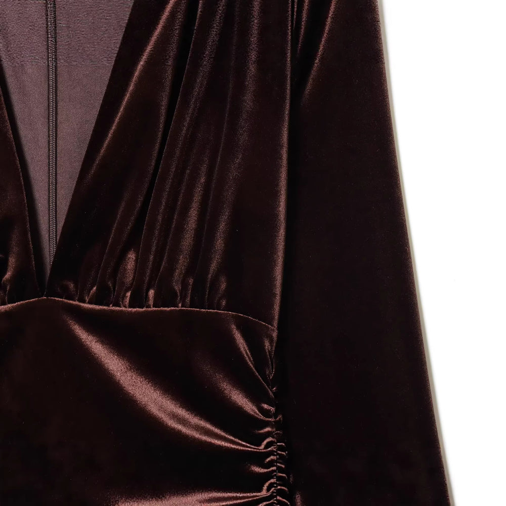 Damen Maxikleid aus Samt mit tiefem V‑Ausschnitt und Taillenraffung Shop Nory