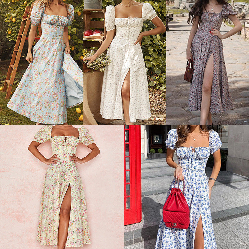 Damen Maxi-Kleid mit Puffärmeln und floralem Design