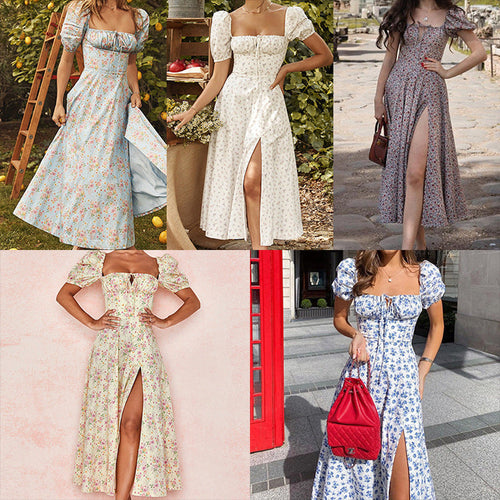 Damen Maxi-Kleid mit Puffärmeln und floralem Design