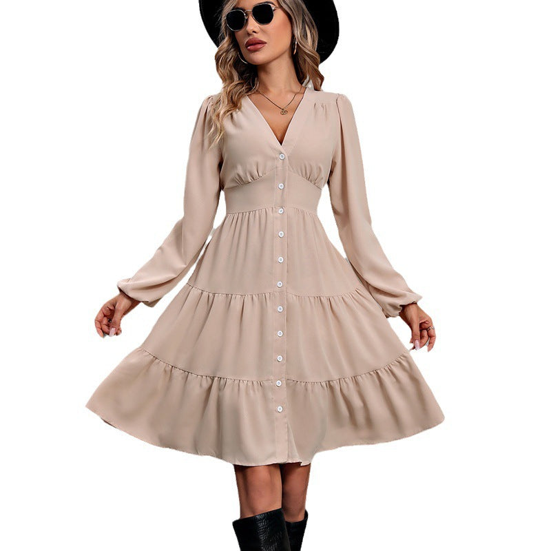 Damen Langarmkleid mit V-Ausschnitt und Rüschen Shop Nory