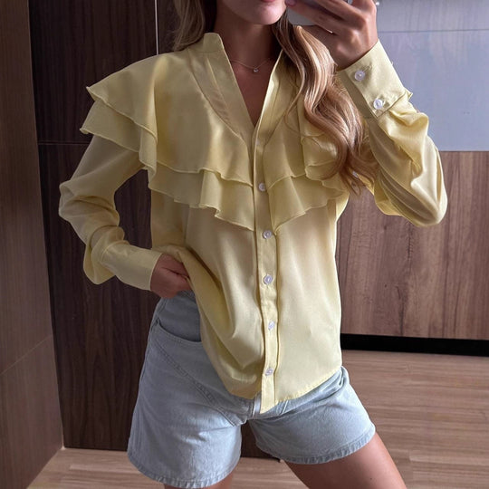 Damen Chiffon-Bluse mit mehrlagiger Volant-Rüsche und Perlmuttknöpfen Shop Nory