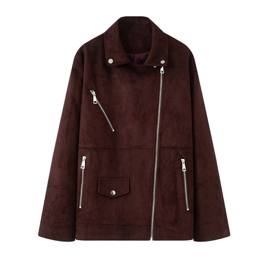 Damen Asymmetrische Veloursleder‑Optik Bikerjacke mit Stehkragen und Zippern Shop Nory