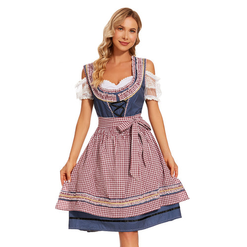 Damen nan traditionelles Dirndlkleid mit kariertem Schürzenrock, Schnürung und Spitzenärmeln Shop Nory