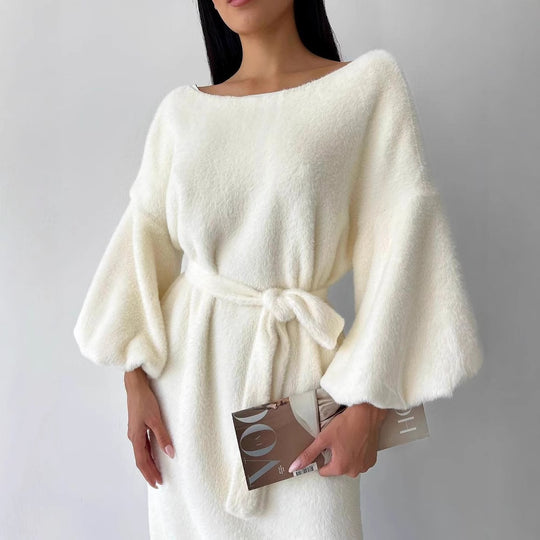 Damen Kuschel-Midikleid mit Bindegürtel und Ballonärmeln Shop Nory