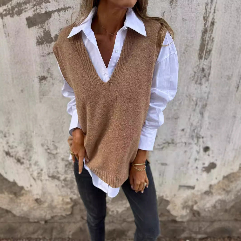 Damen lässiger Strickpullover mit V-Ausschnitt