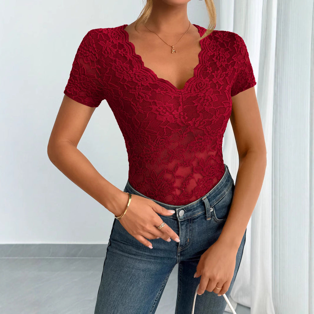 Damen Einfarbig Sexy Spitze V-Ausschnitt Kurzarm