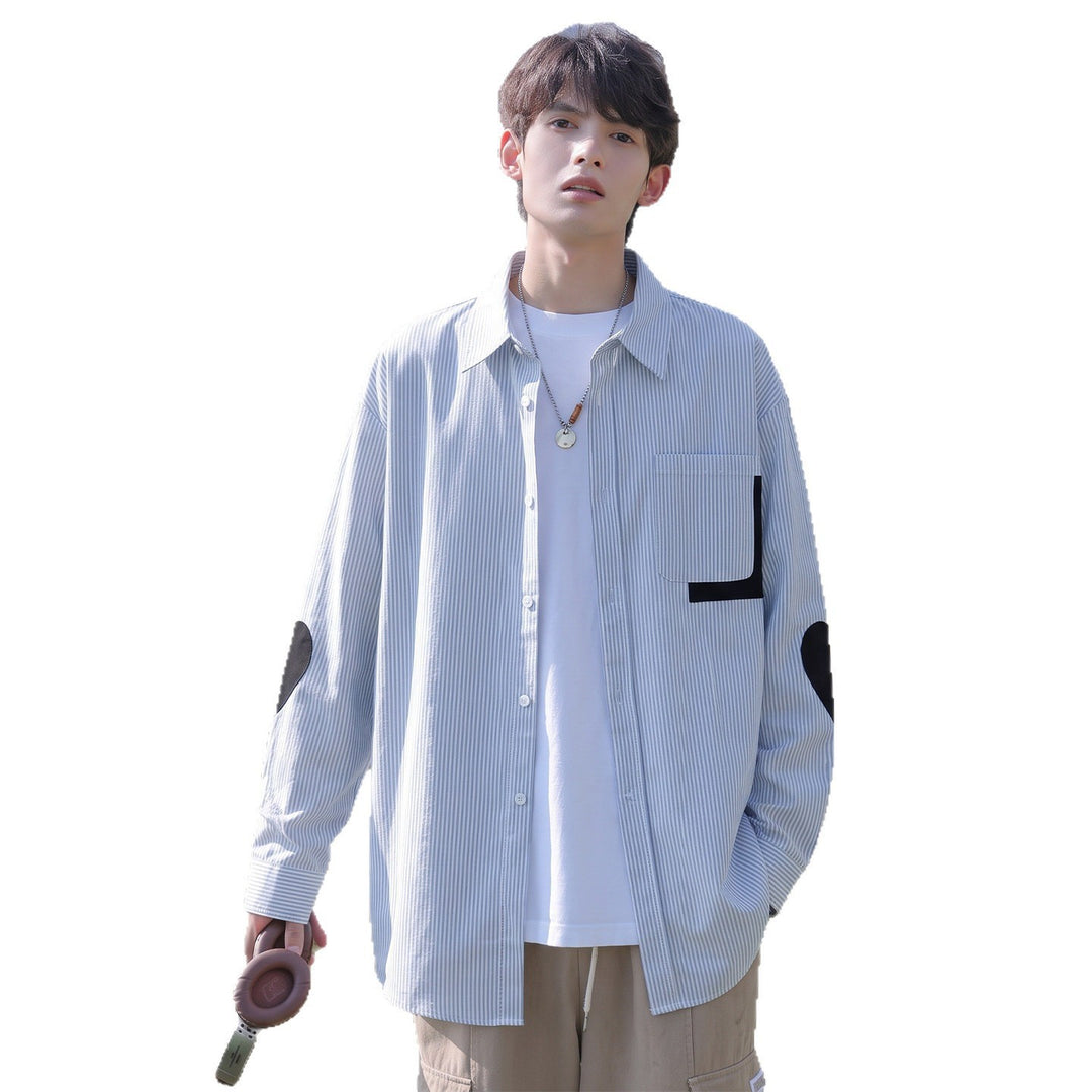 Herren Oversize-Hemd mit feinem Nadelstreifen, Kontrasttasche und Ellbogen-Patches Shop Nory