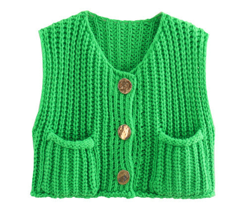 Damen Kurzgeschnittene Ärmellose Strickweste mit V-Ausschnitt und Zierknöpfen Shop Nory