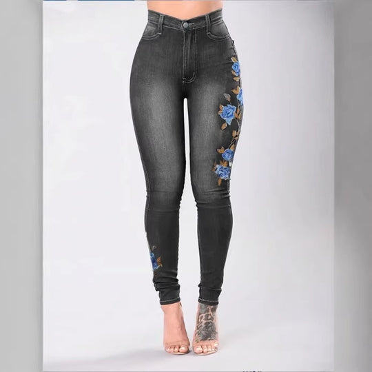Damen Hochtaillierte Sculpting-Skinny-Jeans mit seitlicher Blumenstickerei Shop Nory