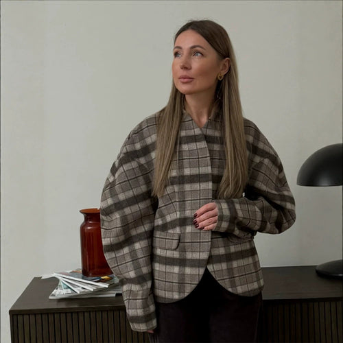 Damen Karierter Boxy‑Blazer mit voluminösen Ballonärmeln Shop Nory