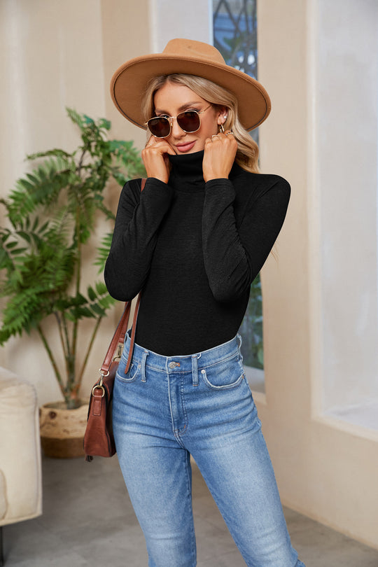 Damen Figurnahe Stretch-Jersey Rollkragenoberteil mit langem Arm Shop Nory